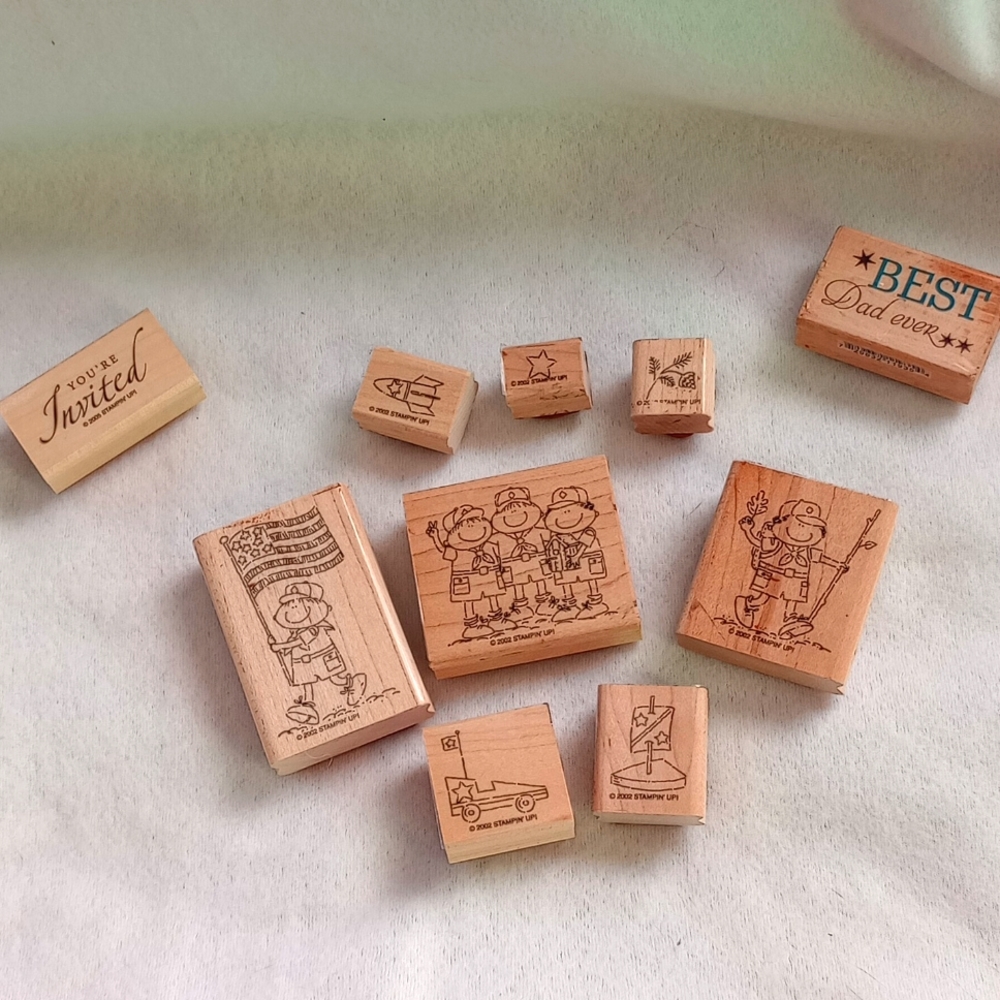 Stampin’ Up! 8 piece Boy Scouts Cub~ Wooden Rubber Stamps 2002 Retired + 2 More